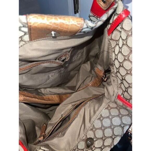 Brown & Red Circle Printed Shoulder Bag With Faux Croc Leather Straps & Padlock - Picture 10 of 12